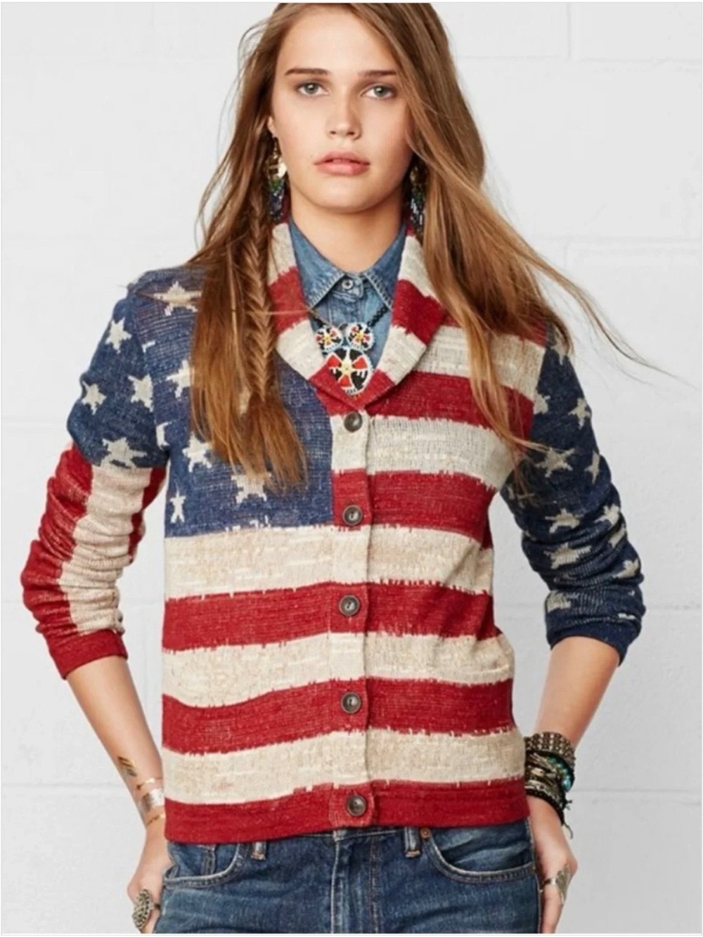 Denim & Supply Ralph Lauren American Flag Shawl-Collar Cardigan Red & Blue
